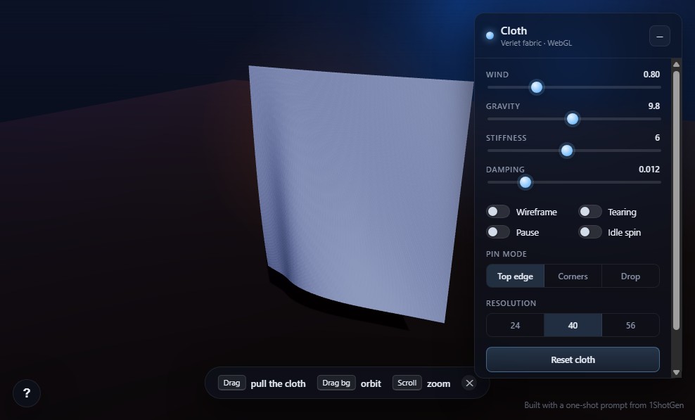 Cloth3D — interactive Verlet fabric screenshot