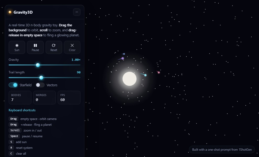 Gravity3D — 3D n-body gravity sandbox screenshot